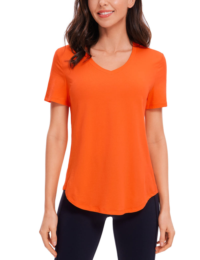 CRZ YOGA Womens Pima Cotton Short Sleeve Shirts V Neck T-Shirts Casual Workout Tops Gym Clothes Coral X-Small