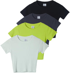 Real Essentials 4-Pack: Womens Cotton Ribbed Short Sleeve Crop Top Fashion Sexy Cute Cropped Athletic Workout Fall T-Shirt Shirts Tees Blouses Clothes Ladies Outfits Trendy Tshirts Sexy - Set 1 S