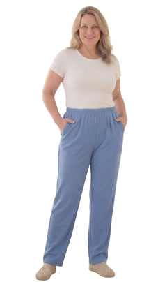 Women's Pull-On Flat Front Knit Pants — Cotton Blend Elastic Waist
