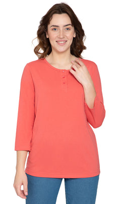 Women's 3/4 Sleeve Henley Top — Cotton Blend with Button Placket
