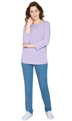 Women's 3/4 Sleeve Henley Top — Cotton Blend with Button Placket