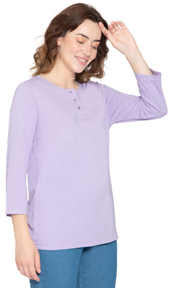 Women's 3/4 Sleeve Henley Top — Cotton Blend with Button Placket