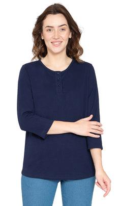 Women's 3/4 Sleeve Henley Top — Cotton Blend with Button Placket