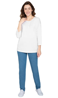 Women's 3/4 Sleeve Henley Top — Cotton Blend with Button Placket