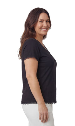 Women's Short Sleeve V-Neck Tee with 3-Button Henley Placket