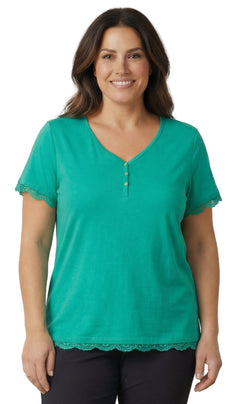 Women's Short Sleeve V-Neck Tee with 3-Button Henley Placket