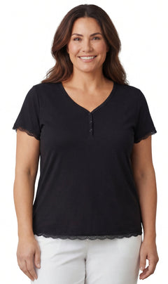 Women's Short Sleeve V-Neck Tee with 3-Button Henley Placket