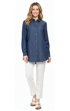 Women's Long Sleeve Denim Tunic Top — Button Front All Season Wear