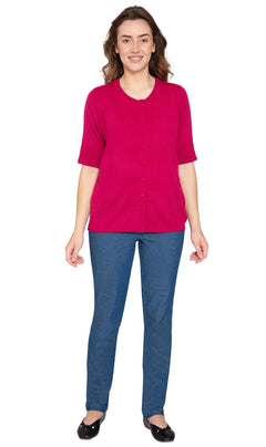 Women's Button Front Cardigan with Elbow Cuff Detail — Soft Knit