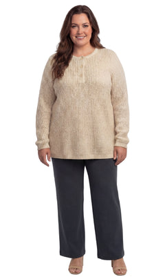 Women's Long Sleeve Henley Shaker Knit Sweater — 3-Button Placket
