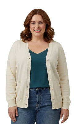 Women's Button Front Cardigan Crewneck Sweater with Pockets — Cotton Soft