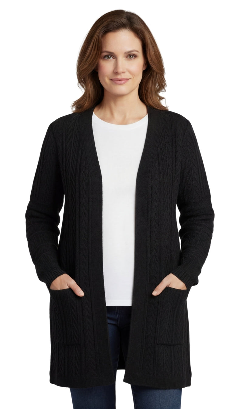 Women's Cable Knit Duster Cardigan with Pockets — Open Front Longline