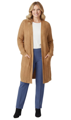 Women's Cable Knit Duster Cardigan with Pockets — Open Front Longline