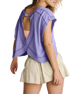Gacaky Womens Backless Loose Tops Short Sleeve Workout Tops Yoga Tops Dance Clothes Athletic Sports Shirts for Women Purple (X-Large)