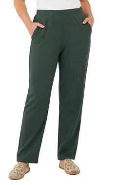 Women's Pull-On Flat Front Knit Pants — Cotton Blend Elastic Waist