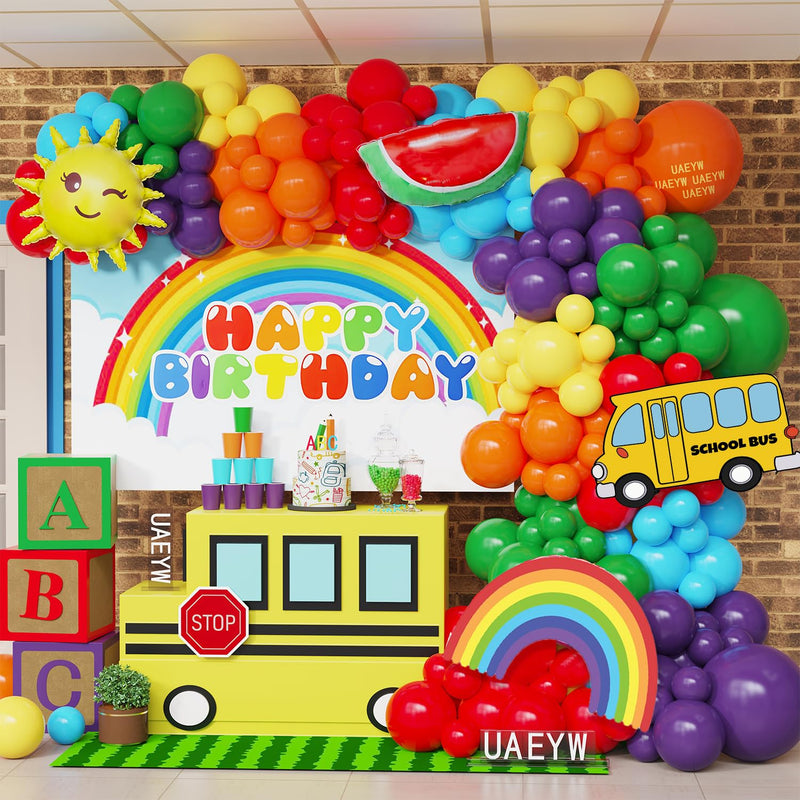 Rainbow Balloon Arch Garland Kit159pcs Assorted Colors with Watermelon School Bus Rainbow Sun Mylar Balloons for Watermelon Birthday Party Back to School Decorations