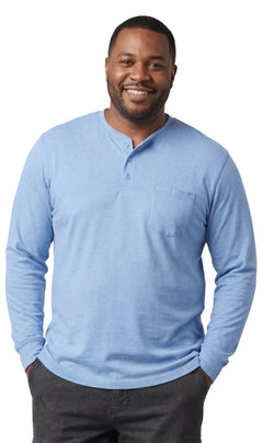 Men's Long Sleeve Henley Shirt — Cotton Blend 3-Button Placket with Pocket