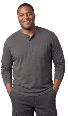 Men's Long Sleeve Henley Shirt — Cotton Blend 3-Button Placket with Pocket