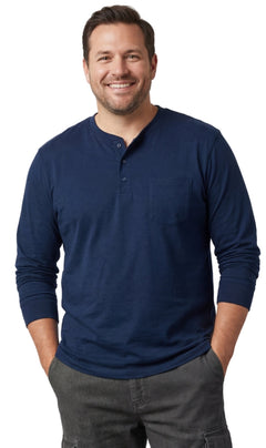 Men's Long Sleeve Henley Shirt — Cotton Blend 3-Button Placket with Pocket