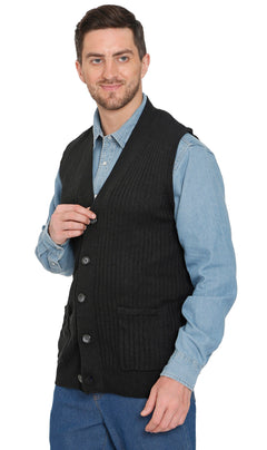 Men's Button Front Rib Knit Sweater Vest with Pockets — Relaxed Fit