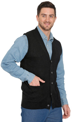Men's Button Front Rib Knit Sweater Vest with Pockets — Relaxed Fit