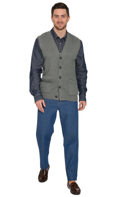 Men's Button Front Rib Knit Sweater Vest with Pockets — Relaxed Fit