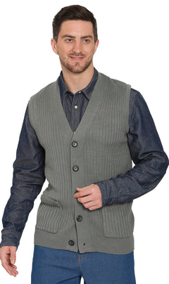 Men's Button Front Rib Knit Sweater Vest with Pockets — Relaxed Fit