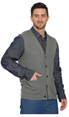 Men's Button Front Rib Knit Sweater Vest with Pockets — Relaxed Fit