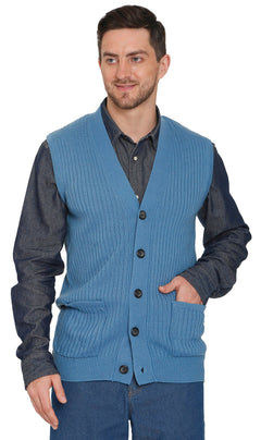 Men's Button Front Rib Knit Sweater Vest with Pockets — Relaxed Fit
