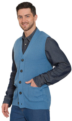 Men's Button Front Rib Knit Sweater Vest with Pockets — Relaxed Fit