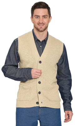 Men's Button Front Rib Knit Sweater Vest with Pockets — Relaxed Fit
