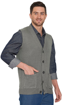 Men's Cashmere-Like Button Front Flat Knit Sweater Vest with Chest Pockets