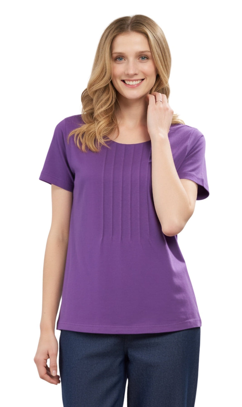 Women's Short Sleeve Pintuck Scoop Neck T-Shirt — 100% Cotton Knit