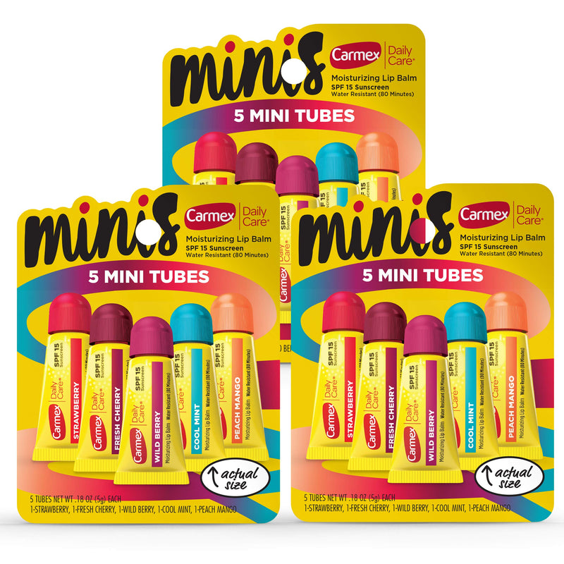 Carmex Daily Care Minis Moisturizing Lip Balm Tubes SPF 15 Multi-Flavor Lip Balm Pack 15 Count (3 Packs of 5)
