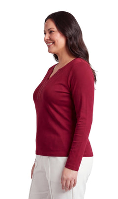Women's Open Crochet V-Neck Knit Top with Jewel Trim-Brandy Journey