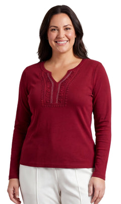 Women's Open Crochet V-Neck Knit Top with Jewel Trim-Brandy Journey