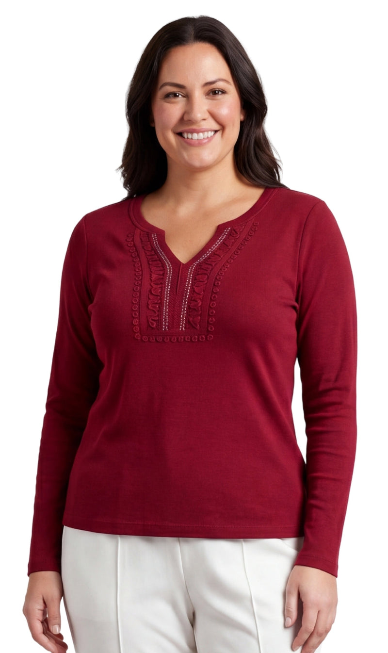 Women's Open Crochet V-Neck Knit Top with Jewel Trim-Brandy Journey