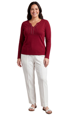 Women's Open Crochet V-Neck Knit Top with Jewel Trim-Brandy Journey