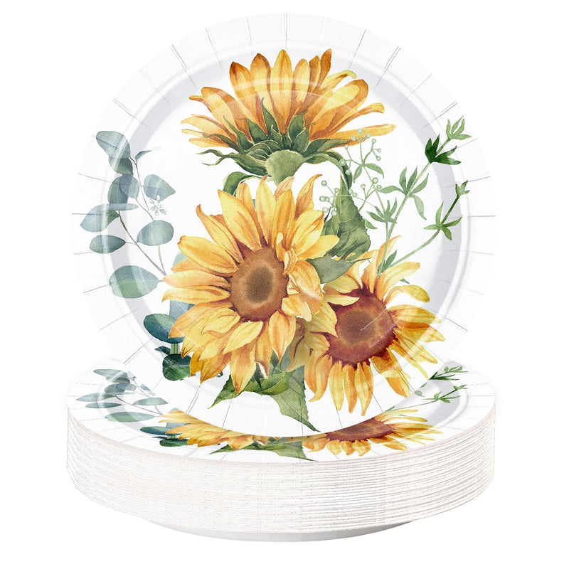 WRAPAHOLIC 25Pcs Sunflower Paper Plates - 7 Inch Sunflower Disposable Plates Decorative Dinner Plates for Party Tableware Supplies Table Decor