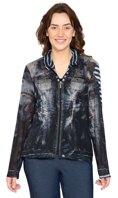 Women's Zip Front Mesh Denim Look Printed Jacket