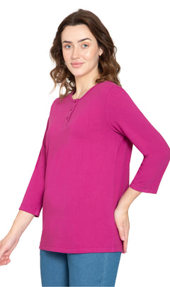 Women's 3/4 Sleeve Henley Top — Cotton Blend with Button Placket