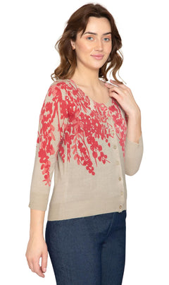 Women's 3/4 Sleeve Printed and Embellished Knit Cardigan