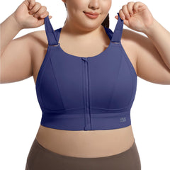 VFUS High Impact Sports Bras for Women Adjustable Zip Front Plus Size Workout Bra Full Coverage Removable Padded Running (Large Navy)