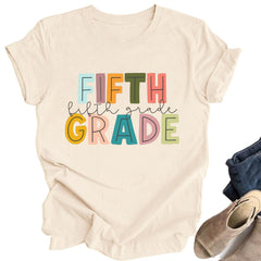OCURHU 5th Grade Teacher Shirts Back to School Fifth Grade Teacher Tshirt Women Casual Soft Graphic Tee Apricot-5 S