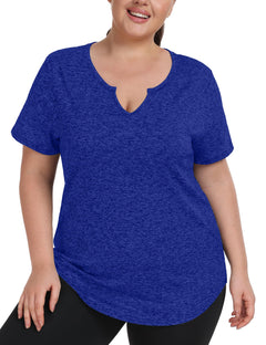 FOREYOND Plus Size Workout Tops for Women Short Sleeves Loose Fit Shirts V-Neck Athletic Sport Tops Yoga Shirt Activewear Summer Dark Blue