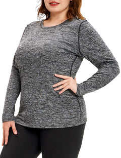 COOTRY Womens Plus Size Thermal Workout Shirts Fleece Lined Tops Long Sleeve Crew Neck Athletic Running Top - Gray 1XL