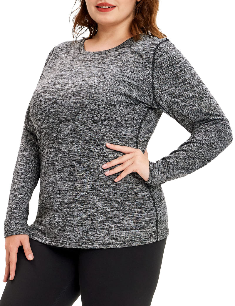 COOTRY Womens Plus Size Thermal Workout Shirts Fleece Lined Tops Long Sleeve Crew Neck Athletic Running Top - Gray 1XL