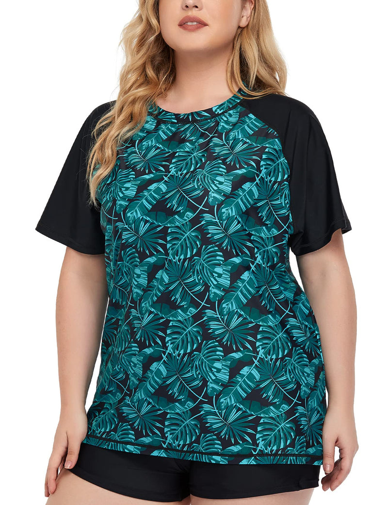 Inno Womens Plus Size Rash Guard Swim Shirt Short Sleeves UPF 50+ Swimwear Workout Tops 0X-6X Green Black