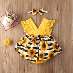 Newborn Baby Girl Lace Ruffle Sunflower Romper Set