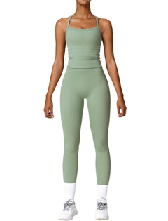 Womens Workout Sets Two Piece Seamless Stretch Cross Back Tank Top Matching Tummy Control High Waist Leggings Set 2 Piece For Women Gym Yoga Active Wear Outfits Athletic Work Out Clothes Green L